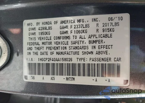 2010 Honda Accord 2.4 Lx-P z USA, uszkodzony, nr VIN 1HGCP2F40AA158026